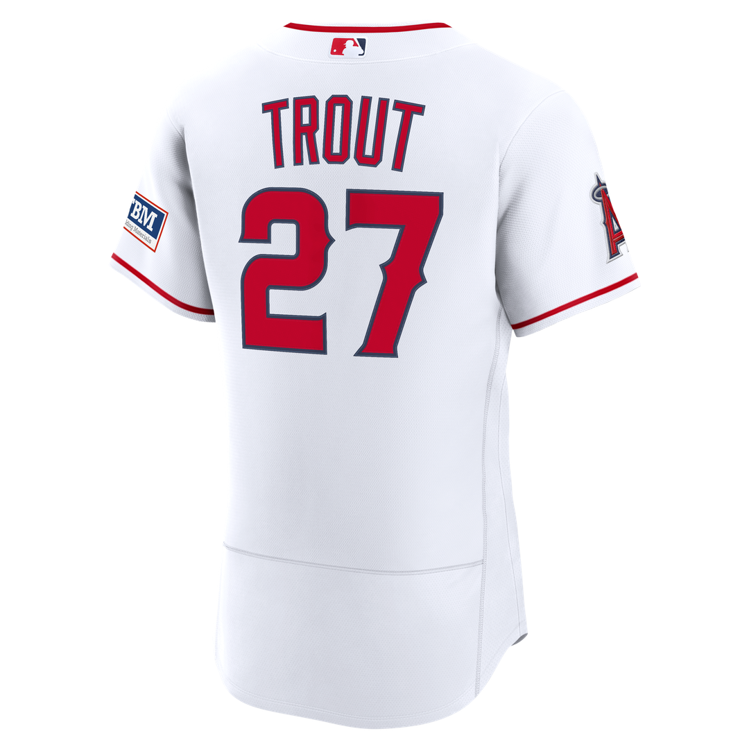 Los Angeles Angels Mike Trout White Home Authentic Sponsor Patch Baseball Jersey | MLB Baseball Jersey