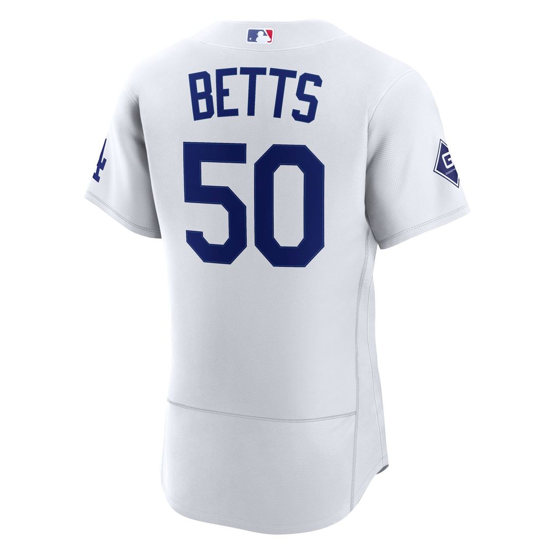 Los Angeles Dodgers Mookie Betts White Home Authentic Sponsor Patch Baseball Jersey | MLB Baseball Jersey