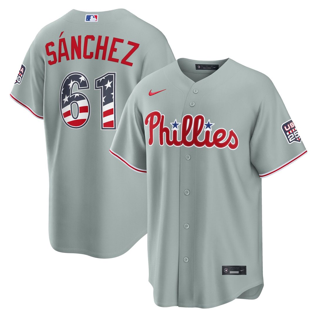 Fourth of July Men's Philadelphia Phillies Cristopher Sanchez Gray USA 250 Stadium Baseball Jersey