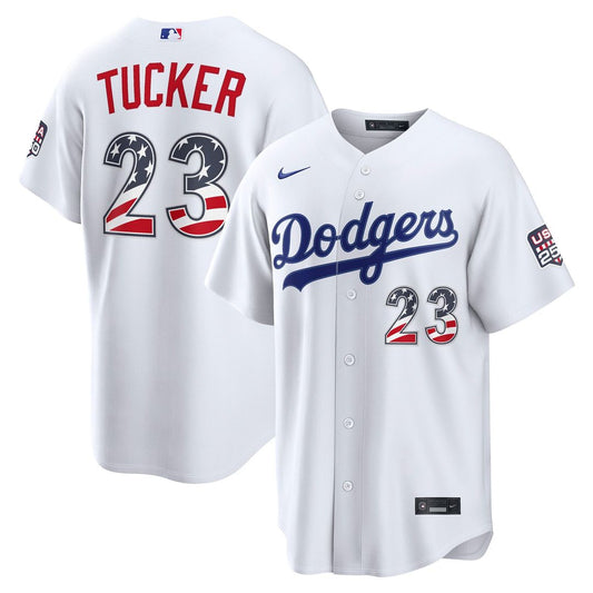 Fourth of July Men's Los Angeles Dodgers Kyle Tucker White USA 250 Stadium Baseball Jersey