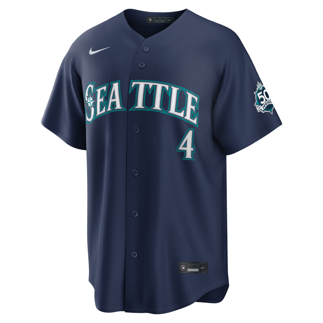 Seattle Mariners Colt Emerson Navy Road 50th Season Anniversary Patch Stadium Baseball Jersey | MLB Baseball Jersey