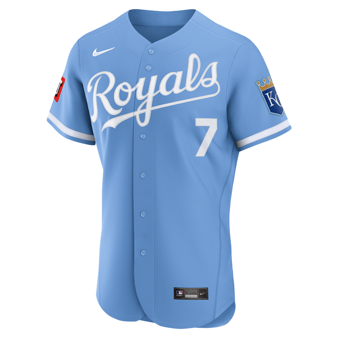 Kansas City Royals Bobby Witt Jr. Light Blue Alternate Authentic Sponsor Patch Baseball Jersey | MLB Baseball Jersey