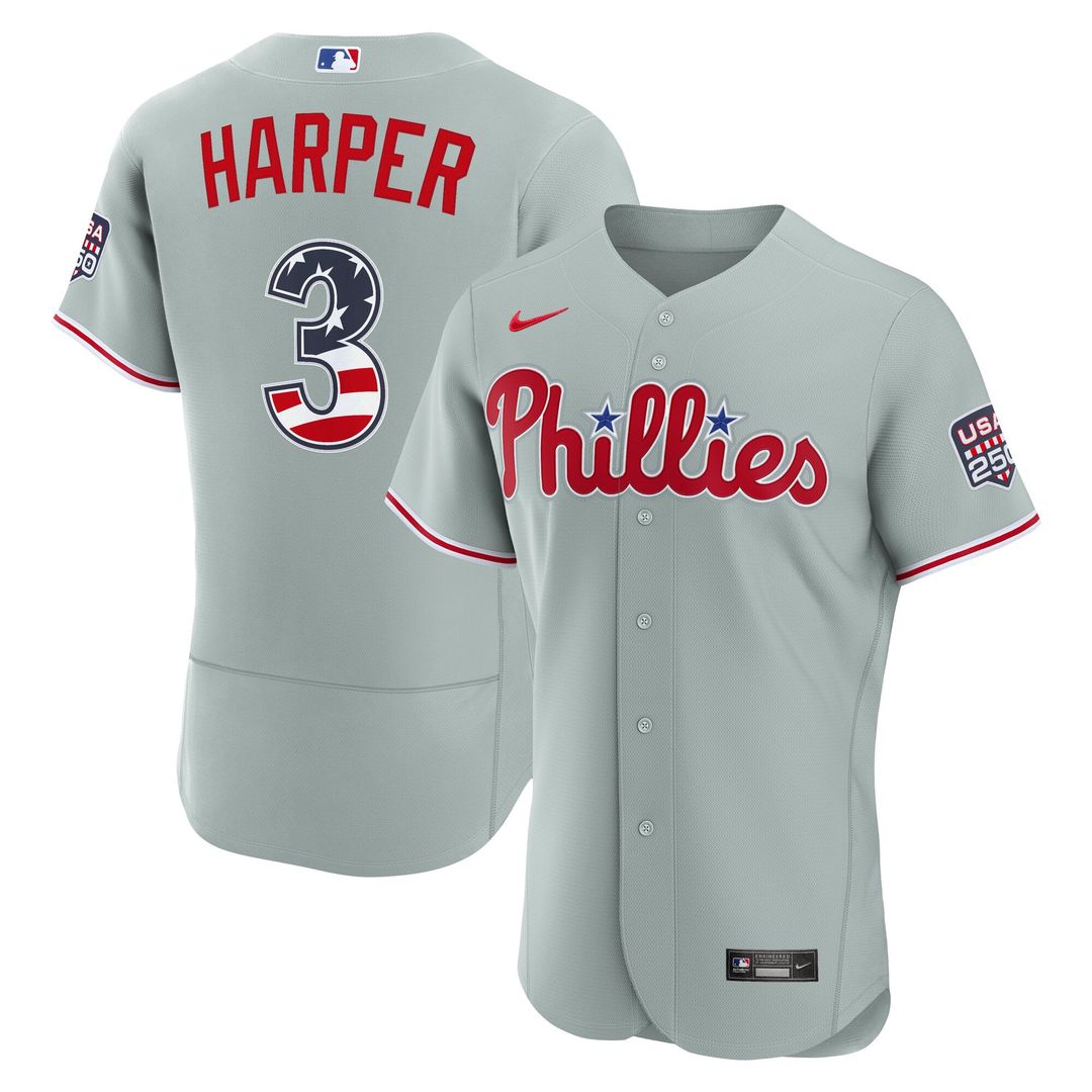 Fourth of July Men's Philadelphia Phillies Bryce Harper Gray USA 250 Authentic Baseball Jersey