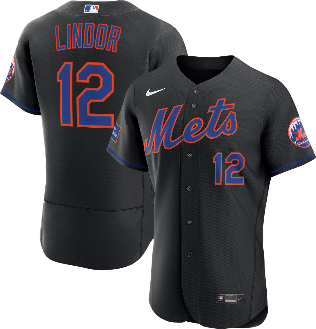 New York Mets Francisco Lindor Black Alternate Authentic Sponsor Patch Baseball Jersey | MLB Baseball Jersey
