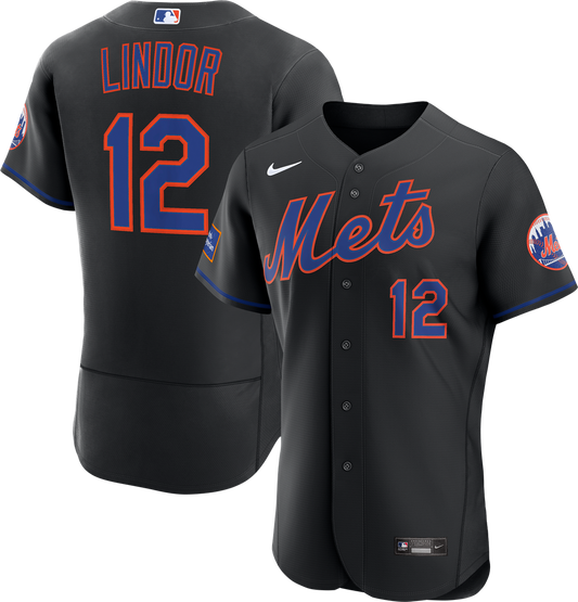 New York Mets Francisco Lindor Black Alternate Authentic Sponsor Patch Baseball Jersey