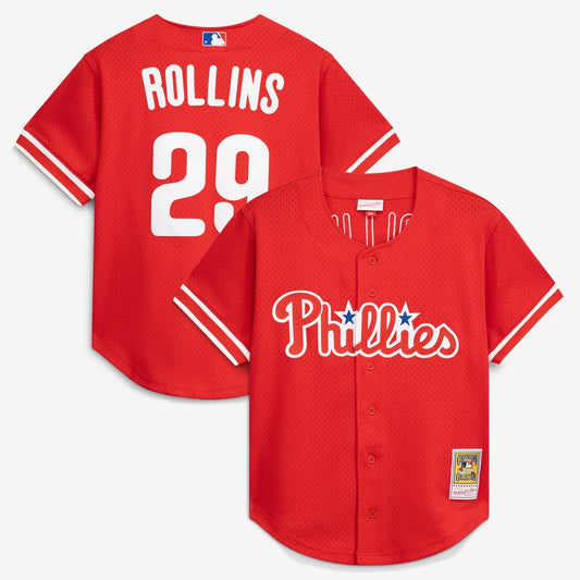 Philadelphia Phillies Jimmy Rollins Red Cooperstown Mesh Batting Practice Button-Up Baseball Jersey