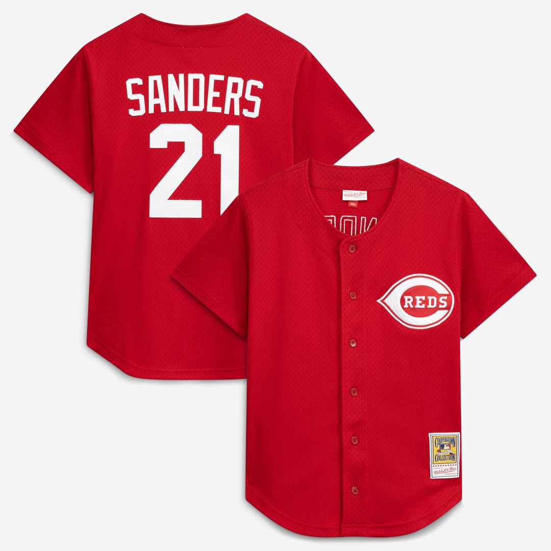 Cincinnati Reds Deion Sanders Red Cooperstown Mesh Batting Practice Button-Up Baseball Jersey