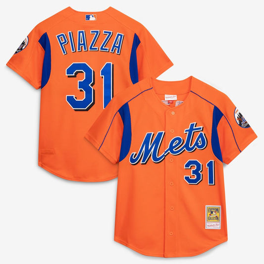 New York Mets Mike Piazza Orange Cooperstown Collection Mesh Batting Practice Button-Up Baseball Jersey