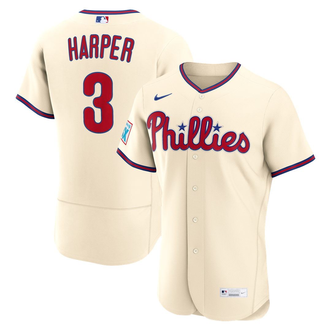 Philadelphia Phillies Bryce Harper Cream Alternate Authentic Sponsor Patch Baseball Jersey | MLB Baseball Jersey