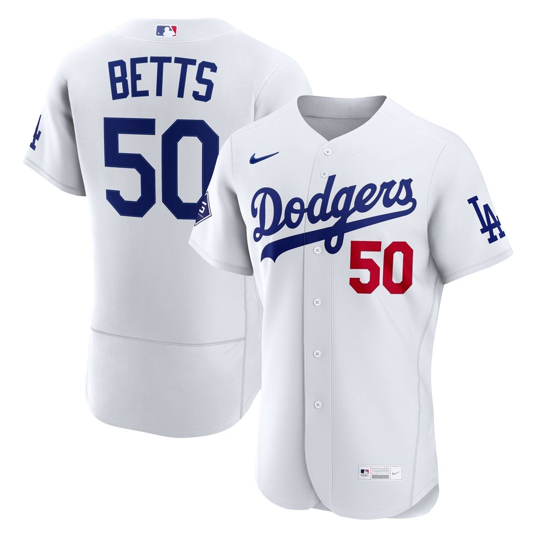Los Angeles Dodgers Mookie Betts White Home Authentic Sponsor Patch Baseball Jersey