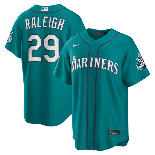 Seattle Mariners Cal Raleigh Teal Alternate 50th Season Patch Stadium Baseball Jersey