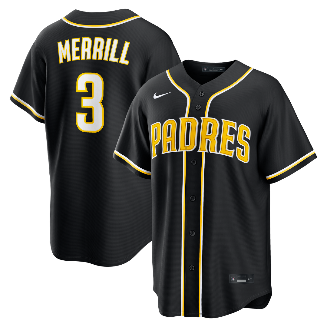 San Diego Padres Jackson Merrill Fashion Replica Black Out Baseball Jersey