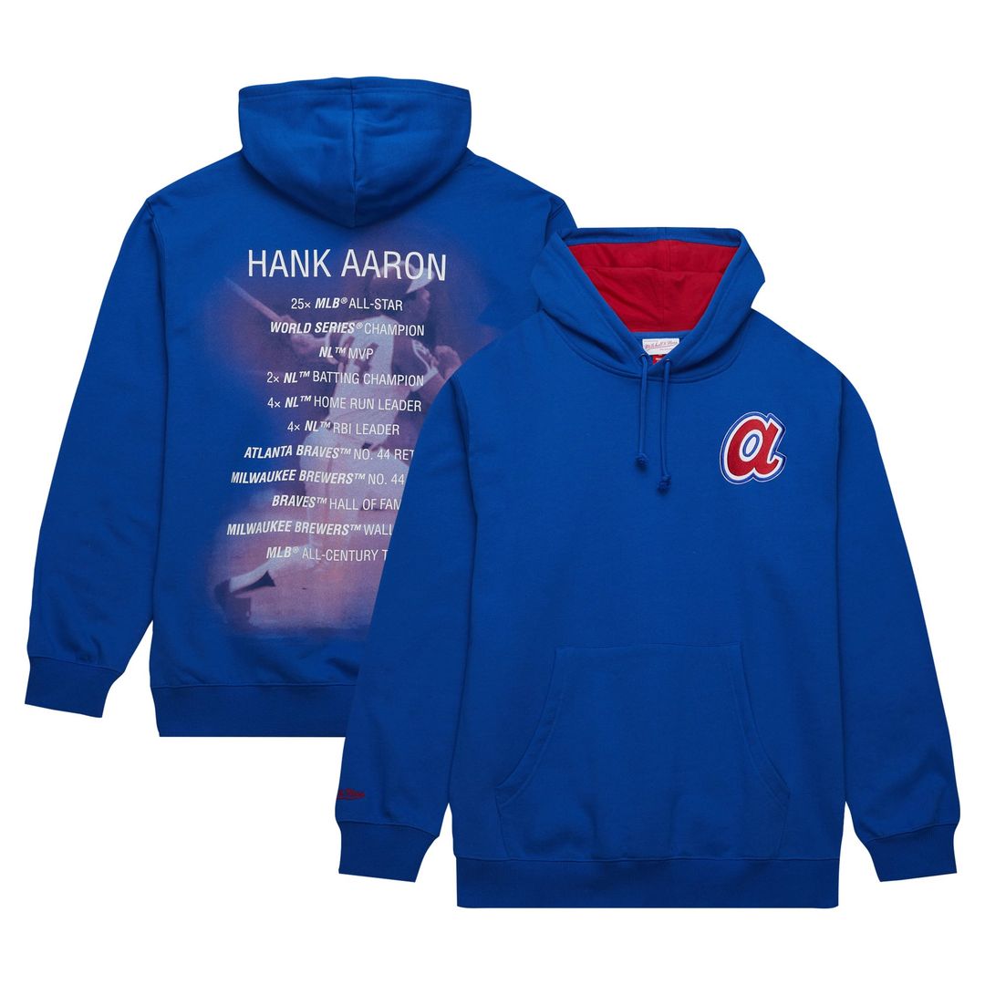 Atlanta Braves Hank Aaron Royal Vintage Logo Name & Number Pullover Hoodie